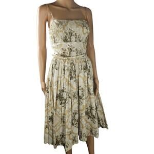 50s Cream Pleated Cocktail Strappy Summer Midi Dress Thin Matching Belt Size XS